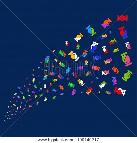 Fountain of handshake icons. Vector illustration style is flat bright multicolored handshake iconic symbols on a blue background. Object salute combined from scattered symbols.