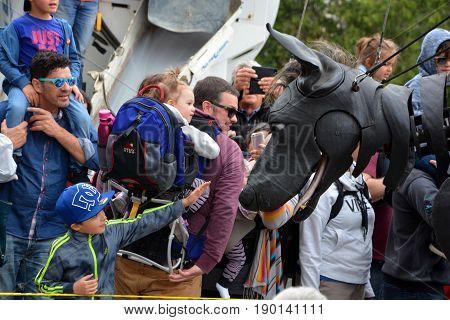 MONTREAL QUEBEC CANADA 19 05 17: Giants Xolo dog walking in the street of Montreal for the 375e anniversary of the city, by Royal De Luxe company Nantes France