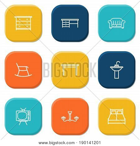 Set Of 9 Decor Outline Icons Set.Collection Of Chandelier, Armchair, Table Elements.