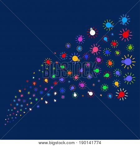 Source stream of light bulb symbols. Vector illustration style is flat bright multicolored light bulb iconic symbols on a blue background. Object source combined from scattered symbols.