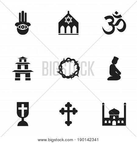 Set Of 9 Editable Faith Icons. Includes Symbols Such As Temple, Eye On Hand , Pray. Can Be Used For Web, Mobile, UI And Infographic Design.