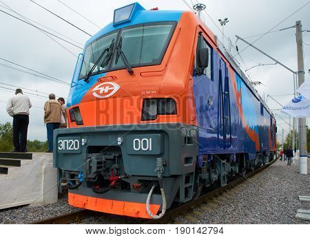MOSCOW, SEP,08, 2011, Exhibition EXPO1520: Front view on Russian electric locomotive EP20. New modern high speed Russian locomotives for passenger trains. Event organizer Business Dialogue