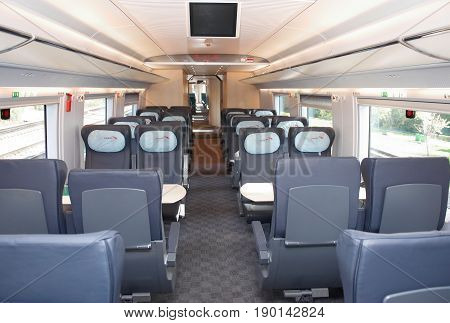 MOSCOW, SEP,18, 2011, Exhibition EXPO1520: Modern new generation high speed passenger train saloon interior chairs seats. High speed train Sapsan saloon interior. Event organizer Business Dialogue