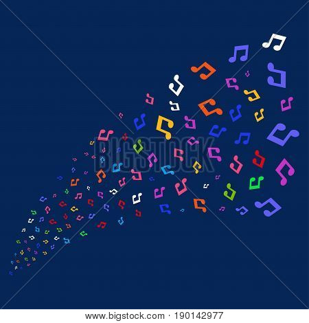 Source stream of music icons. Vector illustration style is flat bright multicolored music iconic symbols on a blue background. Object fountain combined from scattered icons.