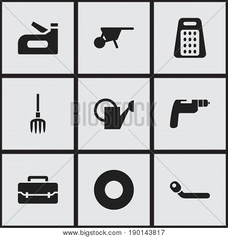 Set Of 9 Editable Tools Icons. Includes Symbols Such As Spacer, Handcart, Hay Fork. Can Be Used For Web, Mobile, UI And Infographic Design.