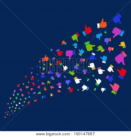 Source of thumb up symbols. Vector illustration style is flat bright multicolored thumb up iconic symbols on a blue background. Object source combined from scattered design elements.