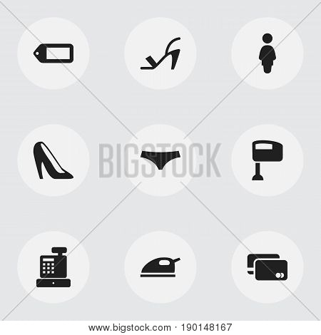 Set Of 9 Editable Trade Icons. Includes Symbols Such As Stiletto, Label, Heel Cothurnus And More. Can Be Used For Web, Mobile, UI And Infographic Design.