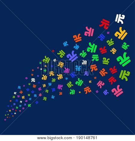 Source stream of yuan renminbi icons. Vector illustration style is flat bright multicolored yuan renminbi iconic symbols on a blue background. Object salute organized from scattered symbols.