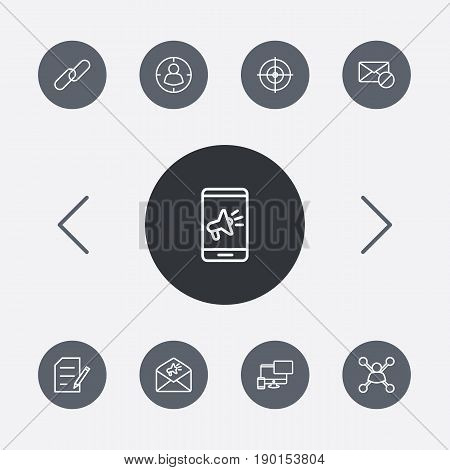 Set Of 9 Optimization Outline Icons Set.Collection Of Keywords, Style, Marketing And Other Elements.