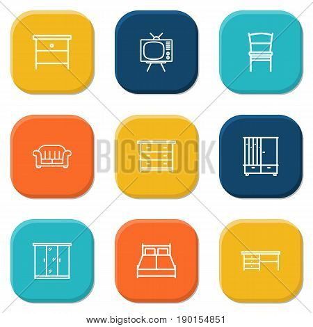 Set Of 9 Decor Outline Icons Set.Collection Of Hall Tree, Desk, Tv Set And Other Elements.