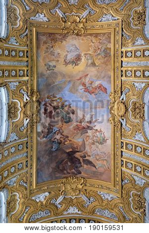 ROME, ITALY - SEPTEMBER 02: The fresco The Fall of the Rebelious Angels on the vault of nave by Giacinto Brandi in Basilica dei Santi Ambrogio e Carlo al Corso, Rome, Italy on September 02, 2016.