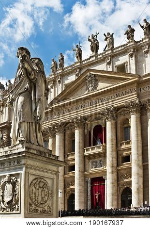 Rome, Italy - April 14, 2017: 19th Century statue by Giuseppe De Fabris, showing Saint Peter the Apostle, in St Peter's Square in the Vatican City, Rome.