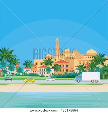 The image of a coastal town. The road along the sea. Beautiful summer landscape. Vector background.