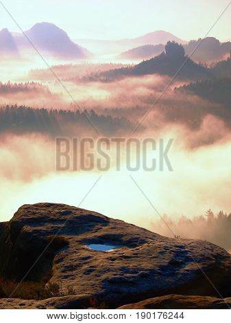 Dreamy Misty Landscape. Majestic Mountain Cut The Lighting Mist. Deep Valley Is Full Of Colorful Fog