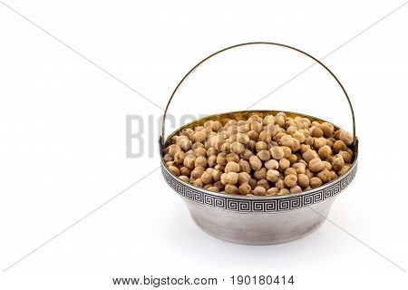 Raw Chickpeas In Silver Bowl Isolated On White.