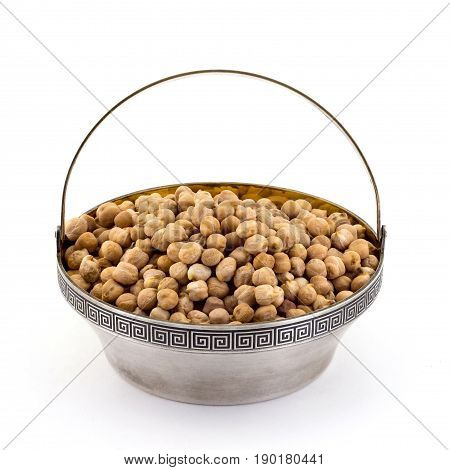 Raw Chickpeas In Silver Bowl Isolated On White.
