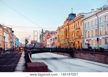 RUSSIA, St. Petersburg - APRIL 14, 2017: Lanes Embankment Griboyedov Canal River in Saint Petersburg, Russia