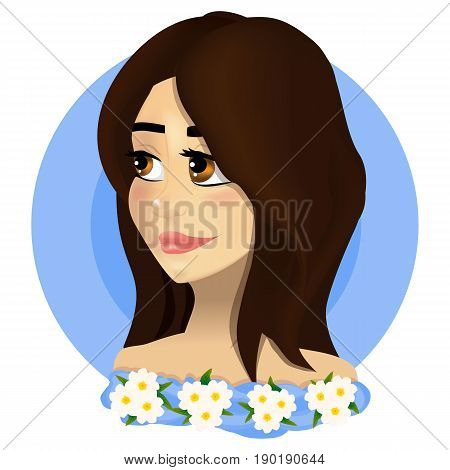 Bright vector illustration. Beautiful girl with big eyes and brown hair. In a blue dress with flowers of chamomiles