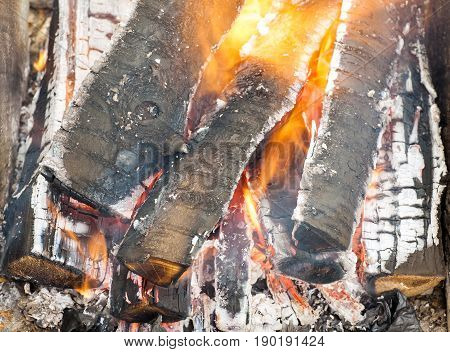 Fire flames background. Firewood is burning in the grill in the open air.
