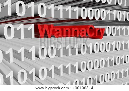 WannaCry in the form of binary code, 3D illustration