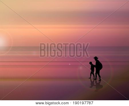Beautiful vector illustration. A fabulous sunset on the sea. Father and son