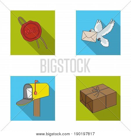 Wax seal, postal pigeon with envelope, mail box and parcel.Mail and postman set collection icons in flat style vector symbol stock illustration .