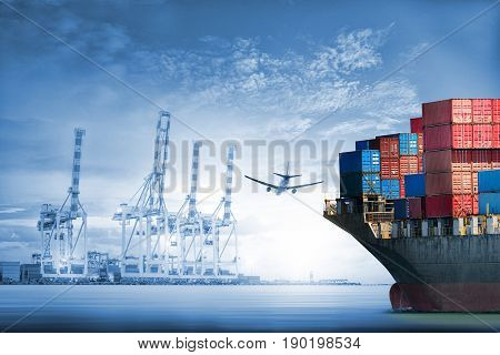 Logistics and transportation of International Container Cargo ship and cargo plane in the ocean at twilight sky Freight Transportation Shipping