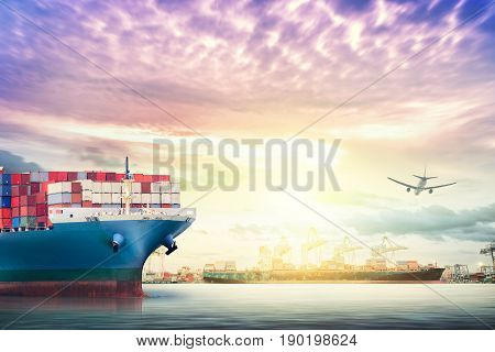 Logistics and transportation of International Container Cargo ship and cargo plane in the ocean at twilight sky Freight Transportation Shipping