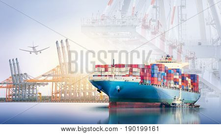 Container cargo ship and cargo plane with port crane bridge in harbor at sunset sky Freight Transportation Shipping