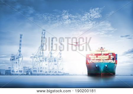 Logistics and transportation of International Container Cargo ship and cargo plane in the ocean at twilight sky Freight Transportation Shipping