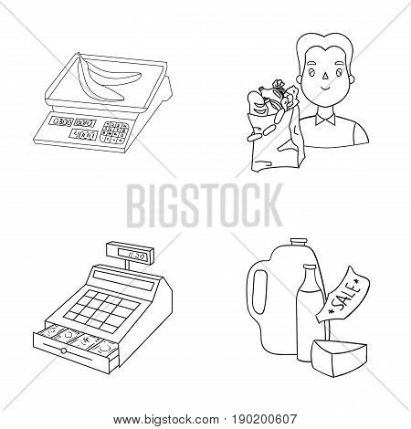 Package, scales, banana, fruit .Supermarket set collection icons in outline style vector symbol stock illustration .