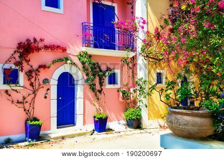 Colorful Greece series - charming streets of Assos village in Kefalonia islands
