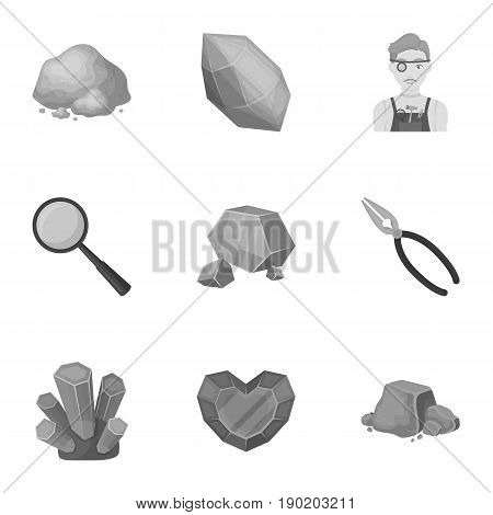 A set of jewelry, crystals, minerals and expensive metals. The jeweler inspects the ornaments.Precious minerals amd jeweler icon in set collection on monochrome style vector symbol stock  illustration.