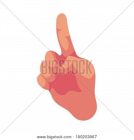 Caucasian human hand pointing up with index finger, teaching authority, counting, indication, cartoon vector illustration isolated on white background. Cartoon hand pointing up with forefinger