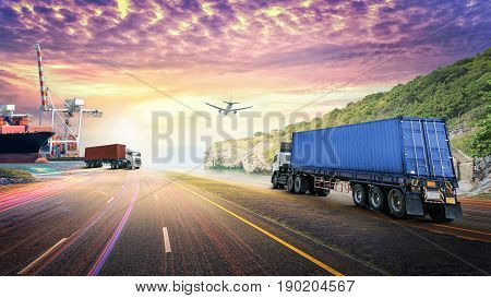Logistics import export background and transport industry of Container truck on the road with Cargo ship and Cargo plane at sunset sky