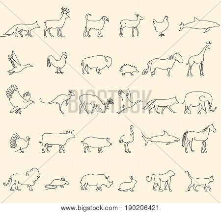 One line animals set, logos. vector stock illustration. Turkey and cow, pig and eagle, giraffe and horse, dog and cat, fox and wolf, dolphin and shark, deer and elephant, stork and chicken