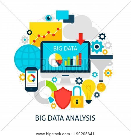 Big Data Analysis Flat Concept. Poster Design Vector Illustration. Set of Business Analytics Objects.