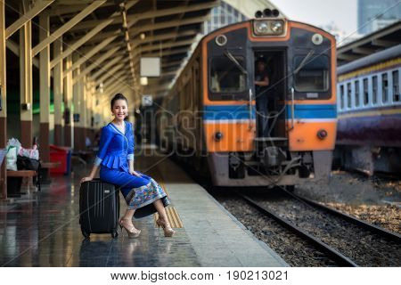 Beautiful Laos women are traveling with train at Hua Lamphong Train station in Bangkok Thailand go to Chiang Mai