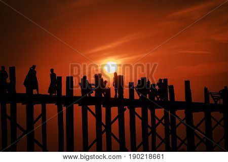 MYANMAR U Bein Bridge Silhouette in twilight in Mandalay Myamar.