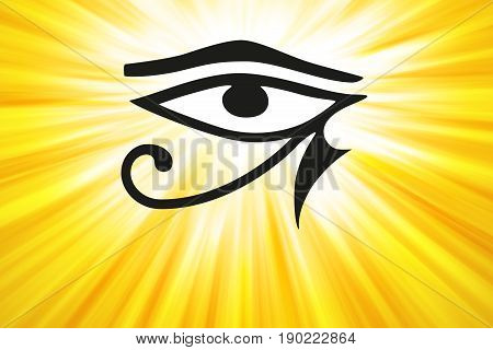 Eye of Horus and golden light rays. Ancient Egyptian symbol of protection, royal power and good health, personified in goddess Wadjet, also written Wedjat. Similar to Eye of the god Ra. Illustration.