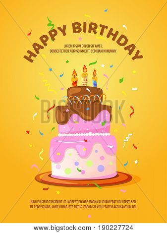 Background with birthday cake and candles. Birthday banner with sweet cake decoration. Vector illustration
