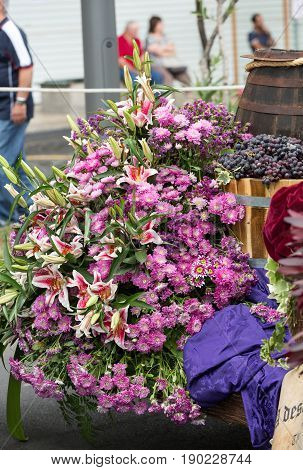 FUNCHAL MADEIRA PORTUGAL - SEPTEMBER 4 2016: Decorations with flowers during Madeira Wine Festival - Historical and Ethnographic parade in Funchal on Madeira. Portugal