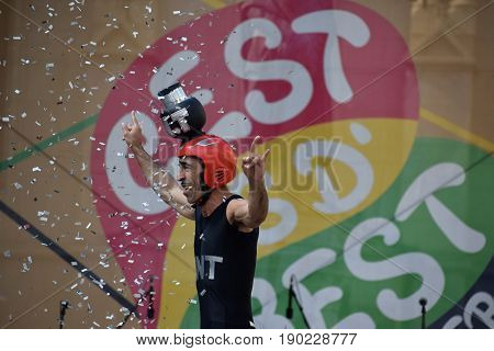ZAGREB - MAY 2017 : Cest is d`Best famous street festival with many performers on May 2017 in Zagreb. TNT Francisco performer  in interesting expression doing his explosive performance play.