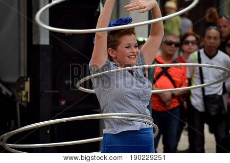 ZAGREB - MAY 2017 : Cest is d`Best famous street festival with many performers on May 2017 in Zagreb. Festival of art flags