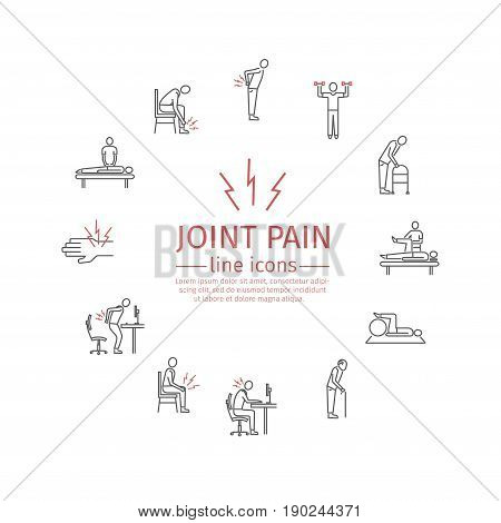 Joint pain. Line icons set. Vector signs for web graphics.