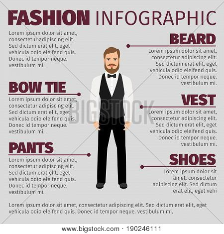 Fashion infographic with a bearded hipster in gray vest. Vector lillustration
