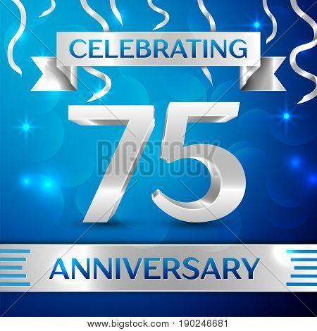 Seventy five Years Anniversary Celebration Design. Confetti and silver ribbon on blue background. Colorful Vector template elements for your birthday party. Anniversary ribbon