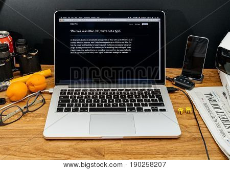 PARIS FRANCE - JUNE 6 2017: Apple Computers website on MacBook Retina in creative environment showcasing latest iMac Pro from Apple at WWDC 2017 - Xeon processor workstation and Turbo Boost