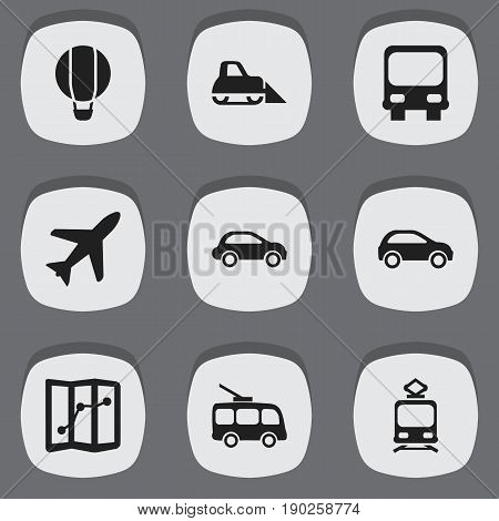 Set Of 9 Editable Transport Icons. Includes Symbols Such As Tramcar, Autobus, Hatchback And More. Can Be Used For Web, Mobile, UI And Infographic Design.
