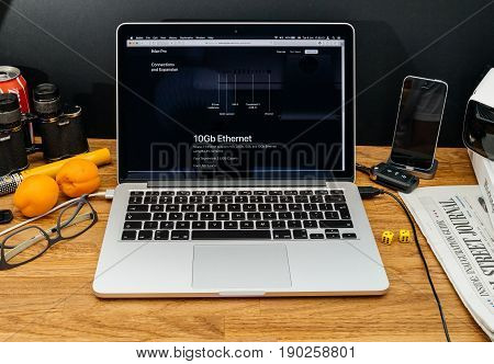 PARIS FRANCE - JUNE 6 2017: Apple Computers website on MacBook Retina in creative environment showcasing latest iMac Pro from Apple at WWDC 2017 - 1GB ethernet on iMac pro